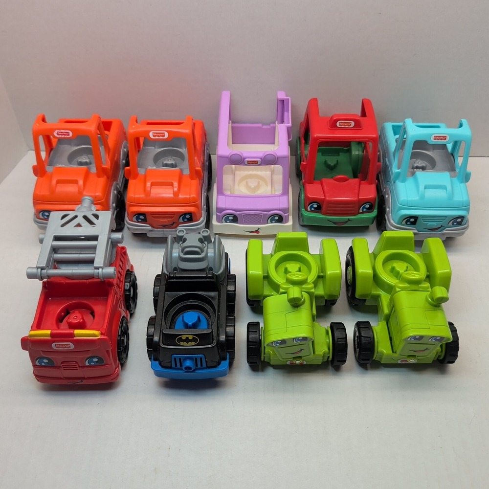 Fisher Price Little People Vehicle Lot Fire Truck Batman Tractor Car 9pc Set